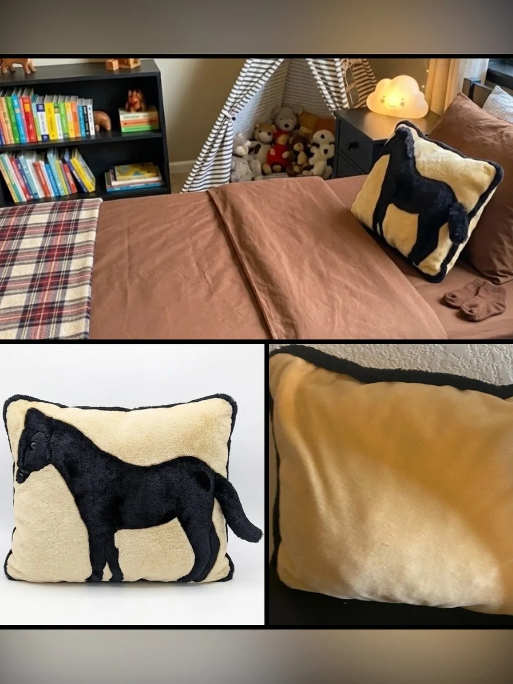 Horse Appliqué Equestrian 3D   Tan Black Trim Plush 14x12 Western Throw Pillow